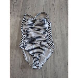 Niptuck Santorini Swim Suit women's size 8 multi cup blue white striped ruching‎